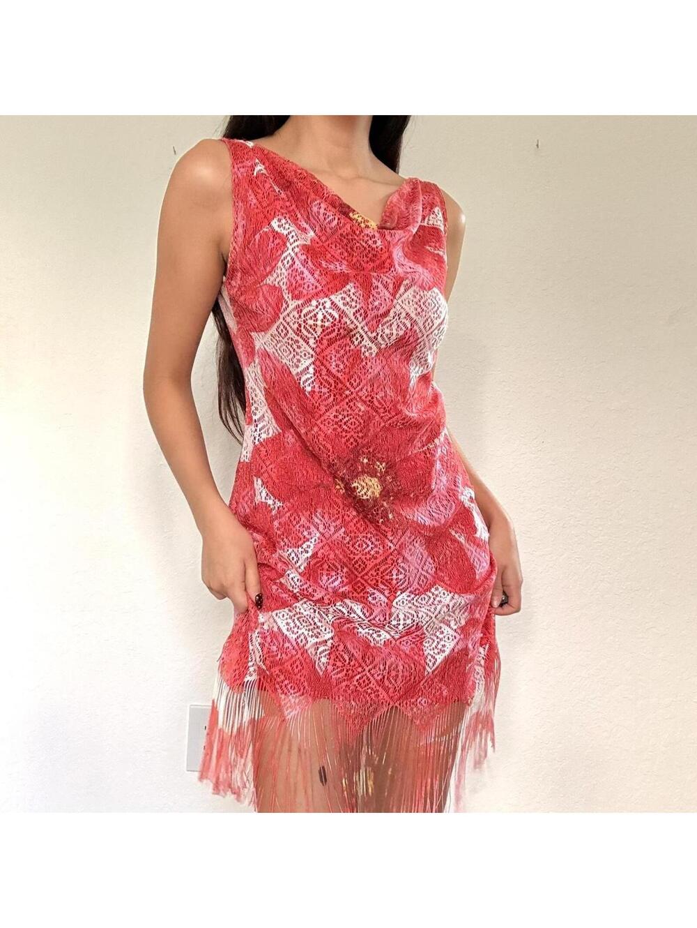 Y2K Eye Candy Red Floral Fringe Dress